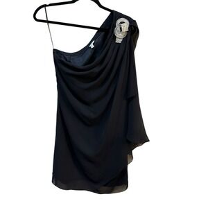 Cache Women's Black One Shoulder Knee Length Dress Rhinestone Embellishment
